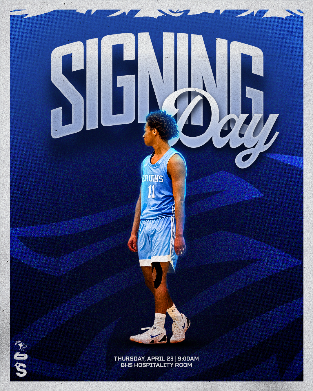 A basketball player in a blue uniform with the number 11 stands in front of a dark blue background with the words "SIGNING DAY" in large letters. The information about the event is written at the bottom: Thursday, April 23, 9:00 AM, BHS Hospitality R