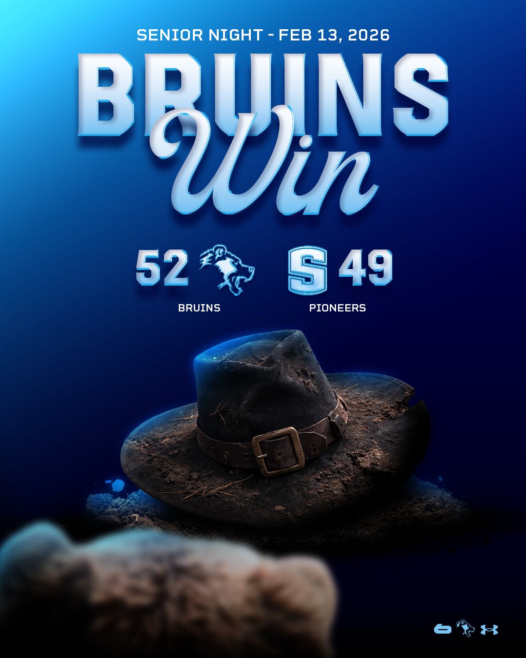 Sports scoreboard showing the UCLA Bruins winning against the Pioneer team on Senior Night, February 13, 2026, with final scores 52-49, with a dusty cowboy hat in the foreground.