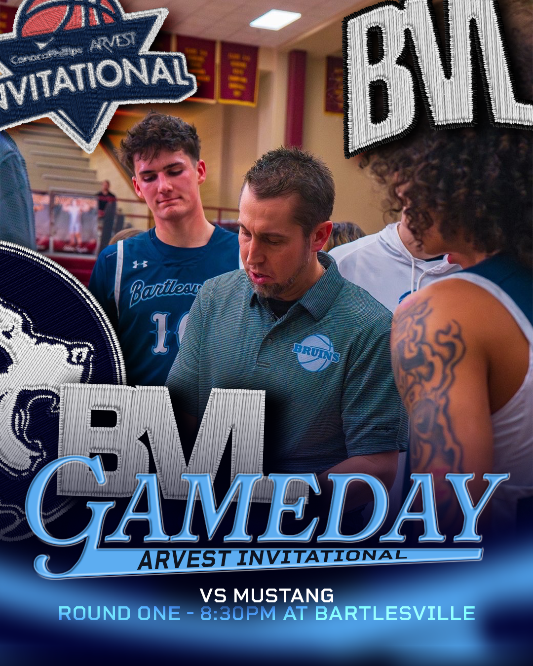 Group of basketball players and coach at the Arvest Invitational basketball game, with details about the game and location in overlay text.