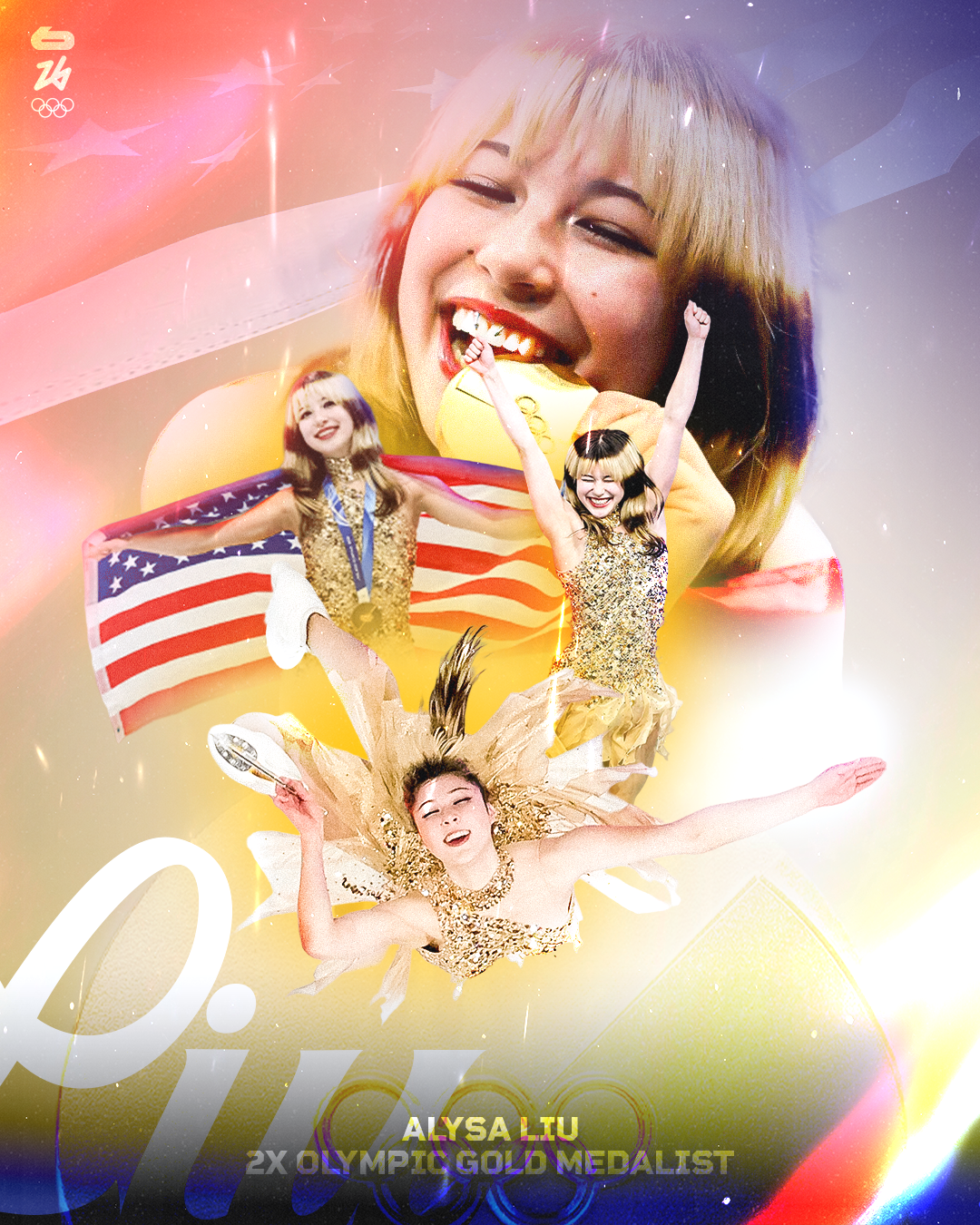 Celebration collage of Alysa Liu, Olympic gold medalist, with oversized smiling face in background and her performing figure skates in pose with American flag. Bright, colorful, and festive design.