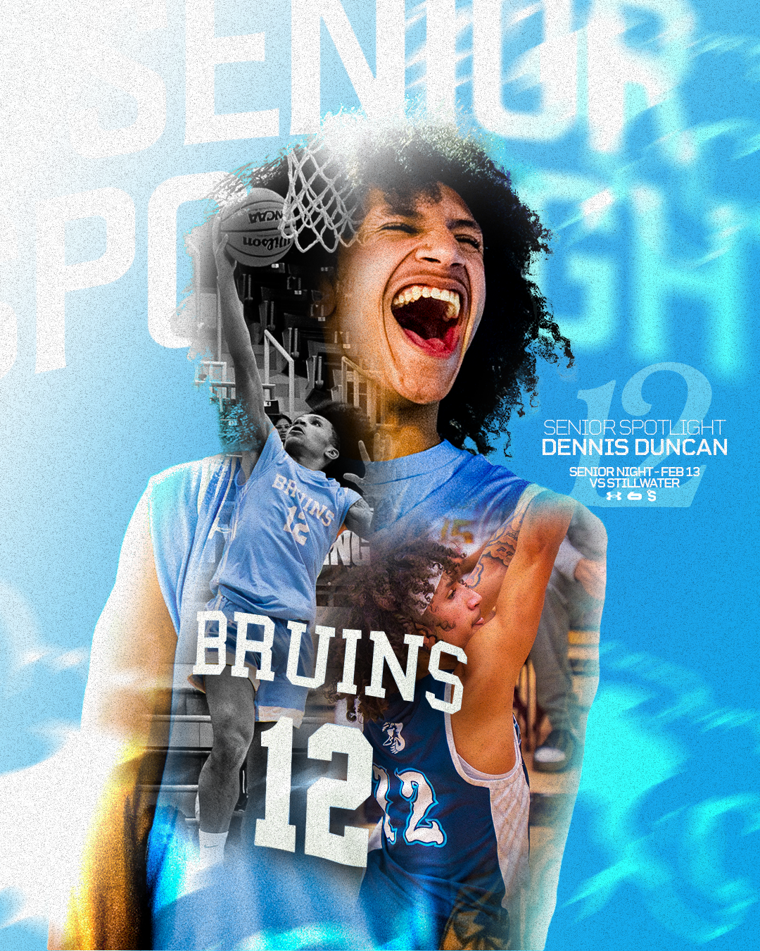 A collage of a young woman celebrating, a basketball player dunking, and a basketball game, featuring the UCLA Bruins logo and text celebrating Dennis Duncan, a senior basketball player, during Senior Night.