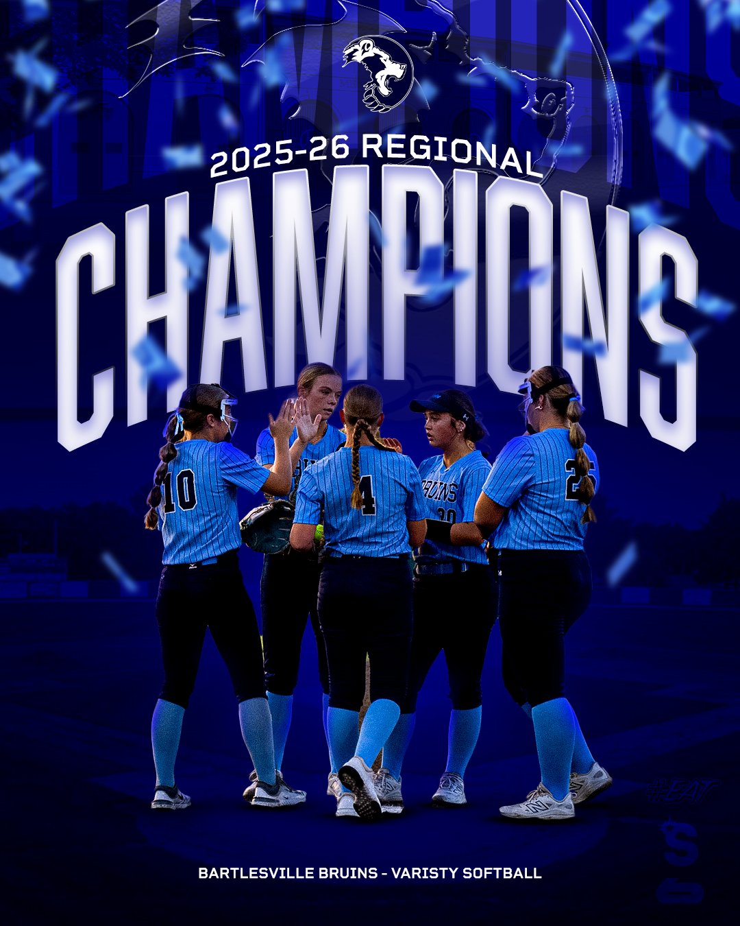 A group of five female softball players in blue uniforms and caps gather in a huddle on the field during a night game, with a large graphic background celebrating they are the 2025-26 Regional Champions of the Bartlesville Bruins Softball team.