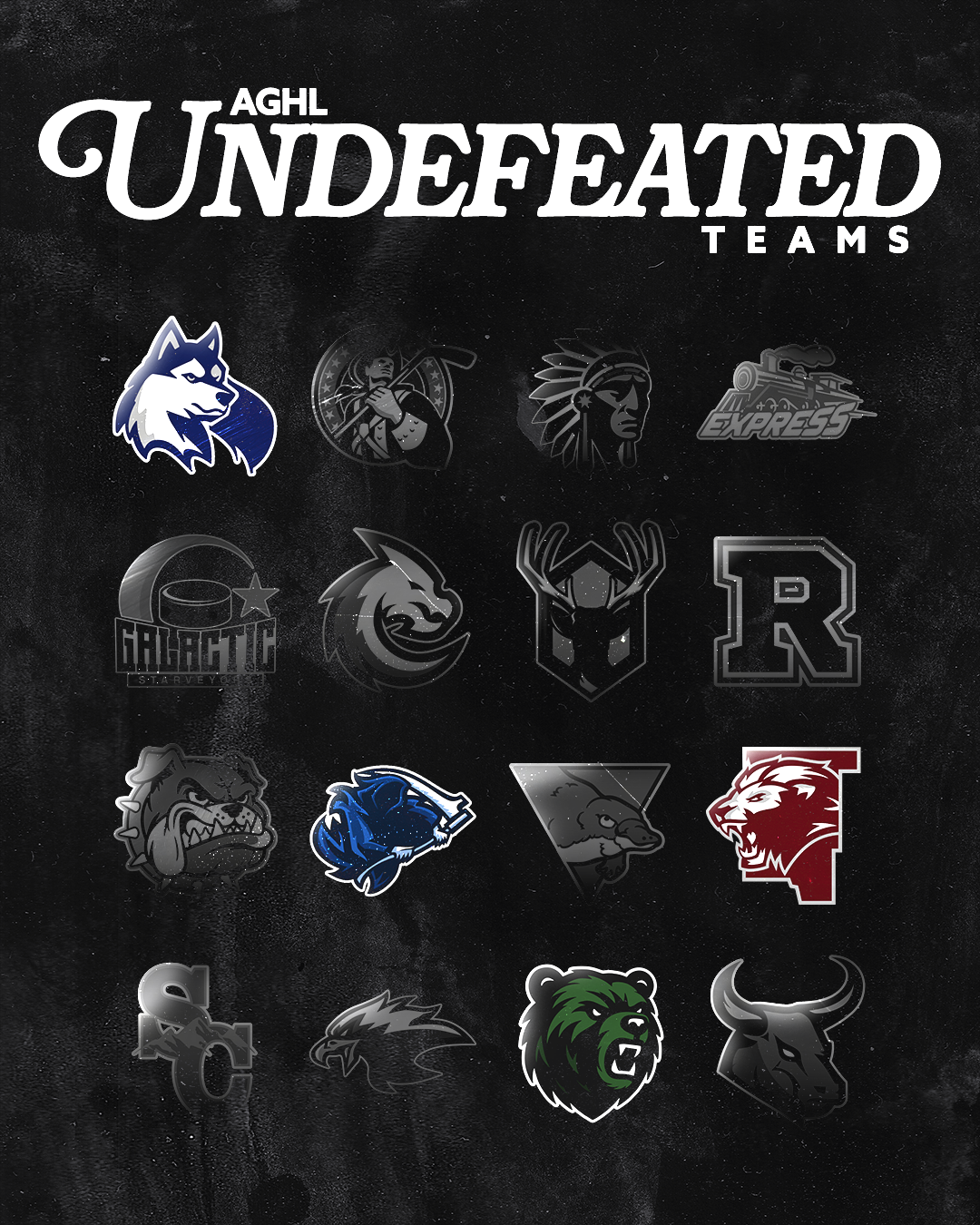 A collection of logos of AGHL undefeated teams, including various animal and fantasy-inspired mascots in grayscale and color, arranged in rows on a dark background.
