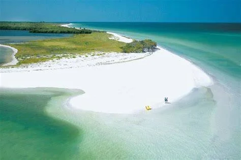 Aerial view of a tropical beach, with white sand, clear turquoise water, and a couple of people walking along the shoreline.