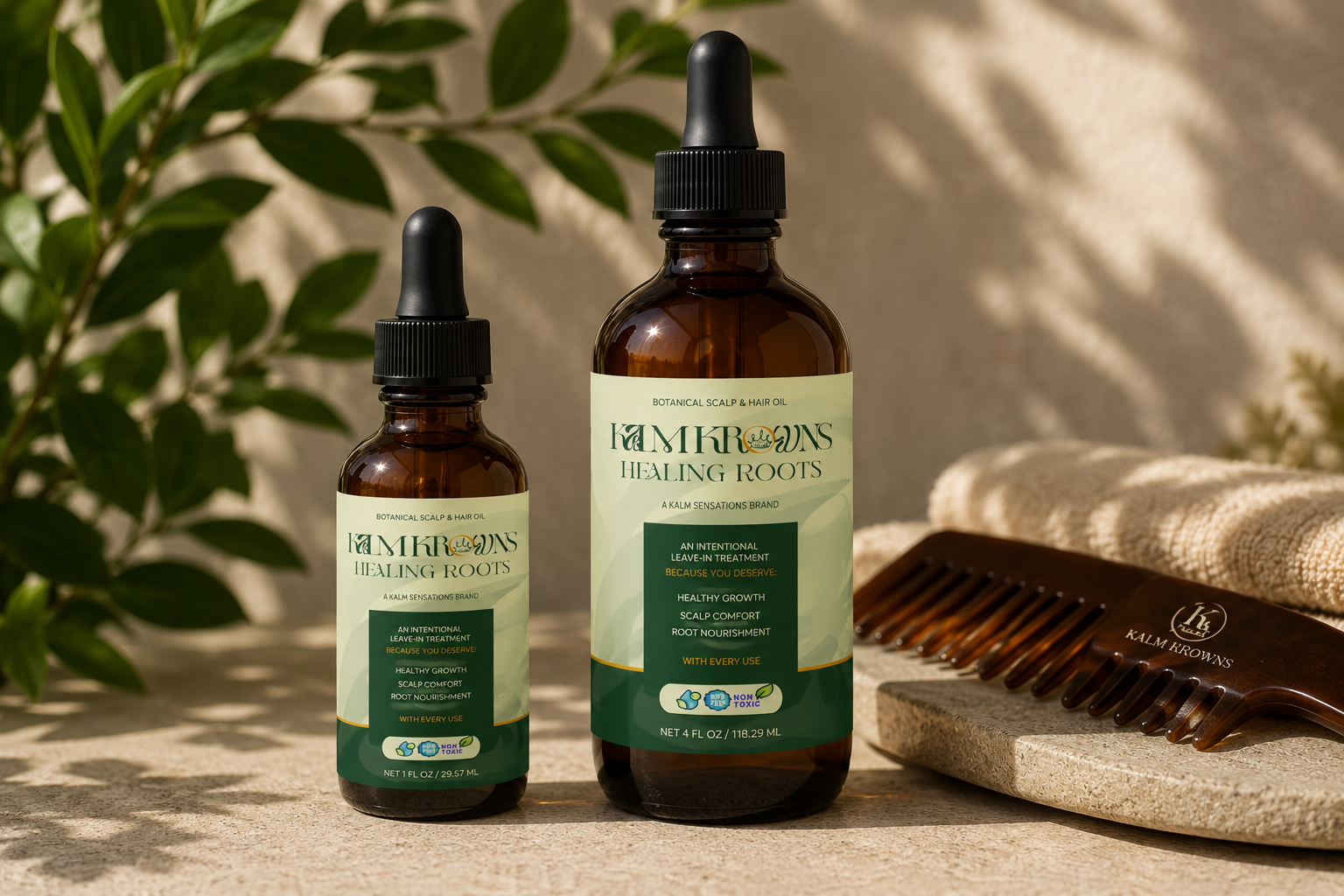 Two bottles of Kam arrows Healing Roots botanical scalp and hair oil, one smaller and one larger, placed on a textured surface with a hair comb and towels nearby, and green leafy plants in the background.