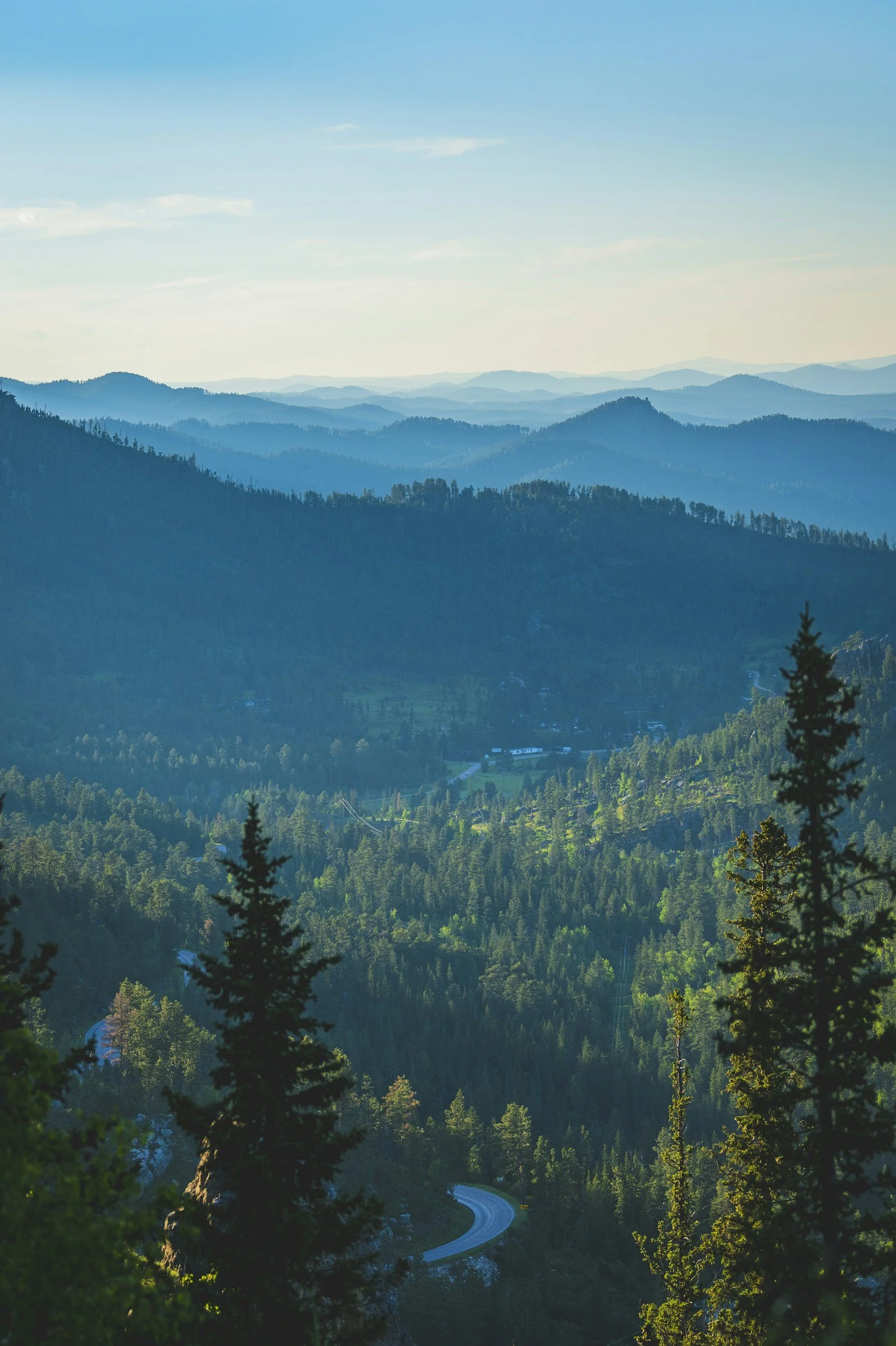 A scenic view of a mountainous forest with layers of trees and hills stretching into the distance, a winding road visible near the bottom.