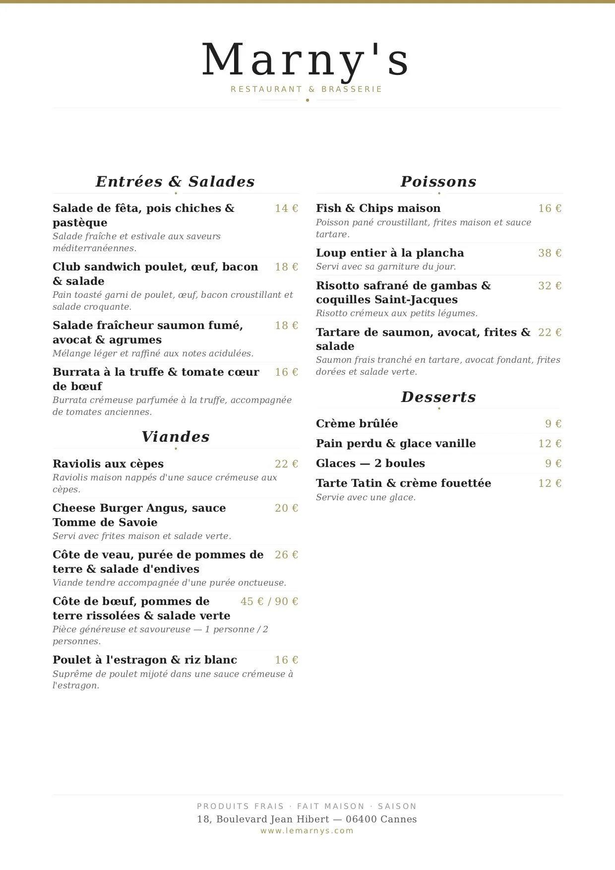 Menu de restaurant intitulé 'Marny's' avec sections pour entrées et salades, poissons, viandes, desserts, listant différents plats et leurs prix.