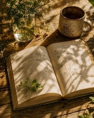 An open book with botanical illustrations, a potted plant, and a coffee mug on a wooden table with sunlight and shadows.