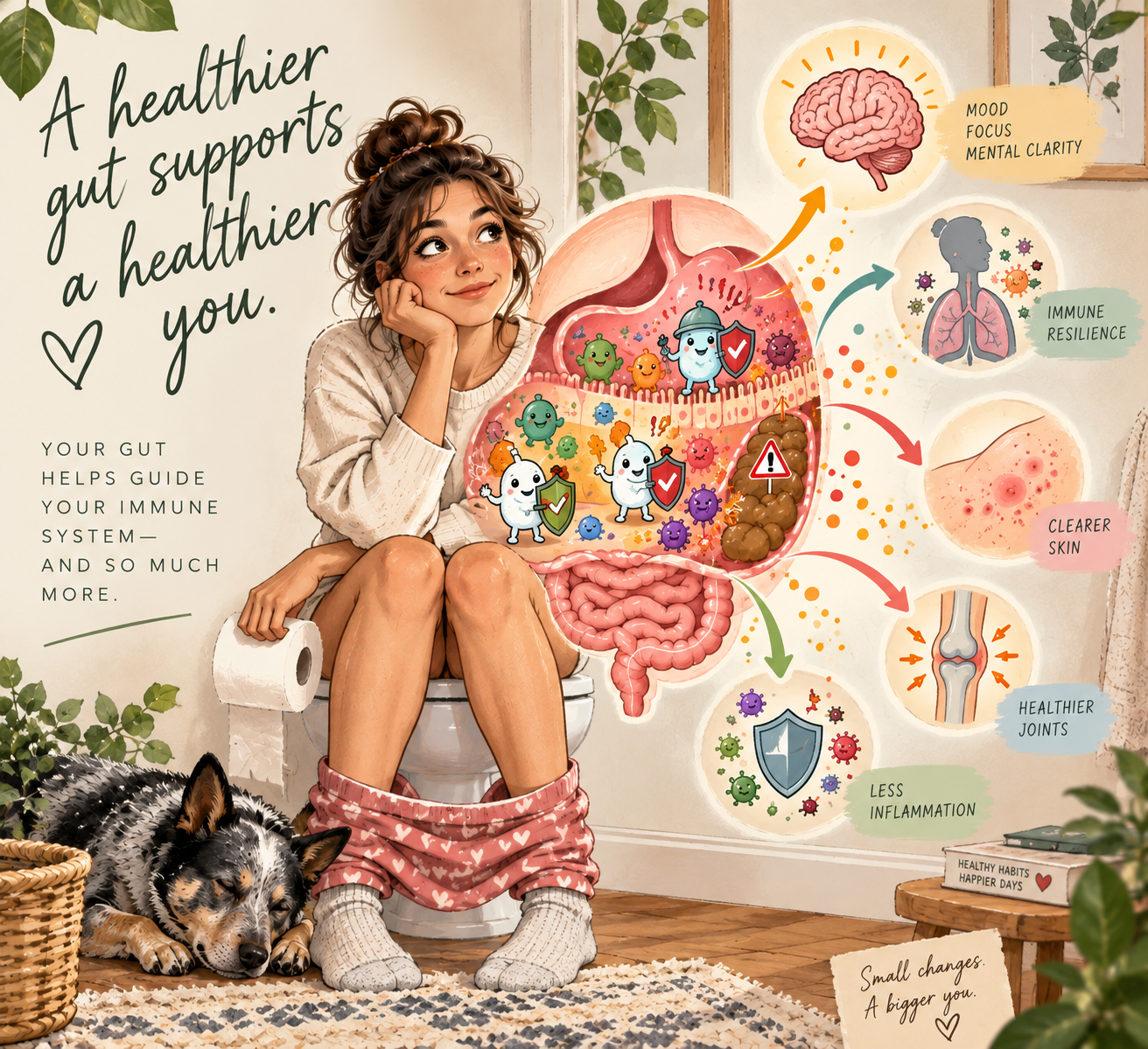Illustration of the gut microbiome and immune response showing how gut health can influence inflammation, mood, skin, joints and overall health.