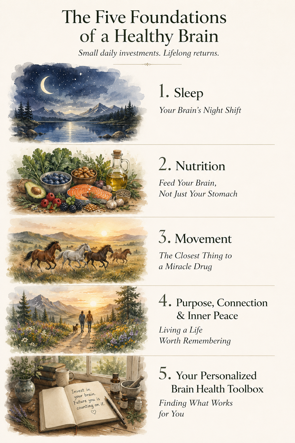 Infographic illustrating the five foundations of better brain health: restorative sleep, brain-healthy nutrition, regular movement, purpose and connection, and a personalized brain health toolbox.
