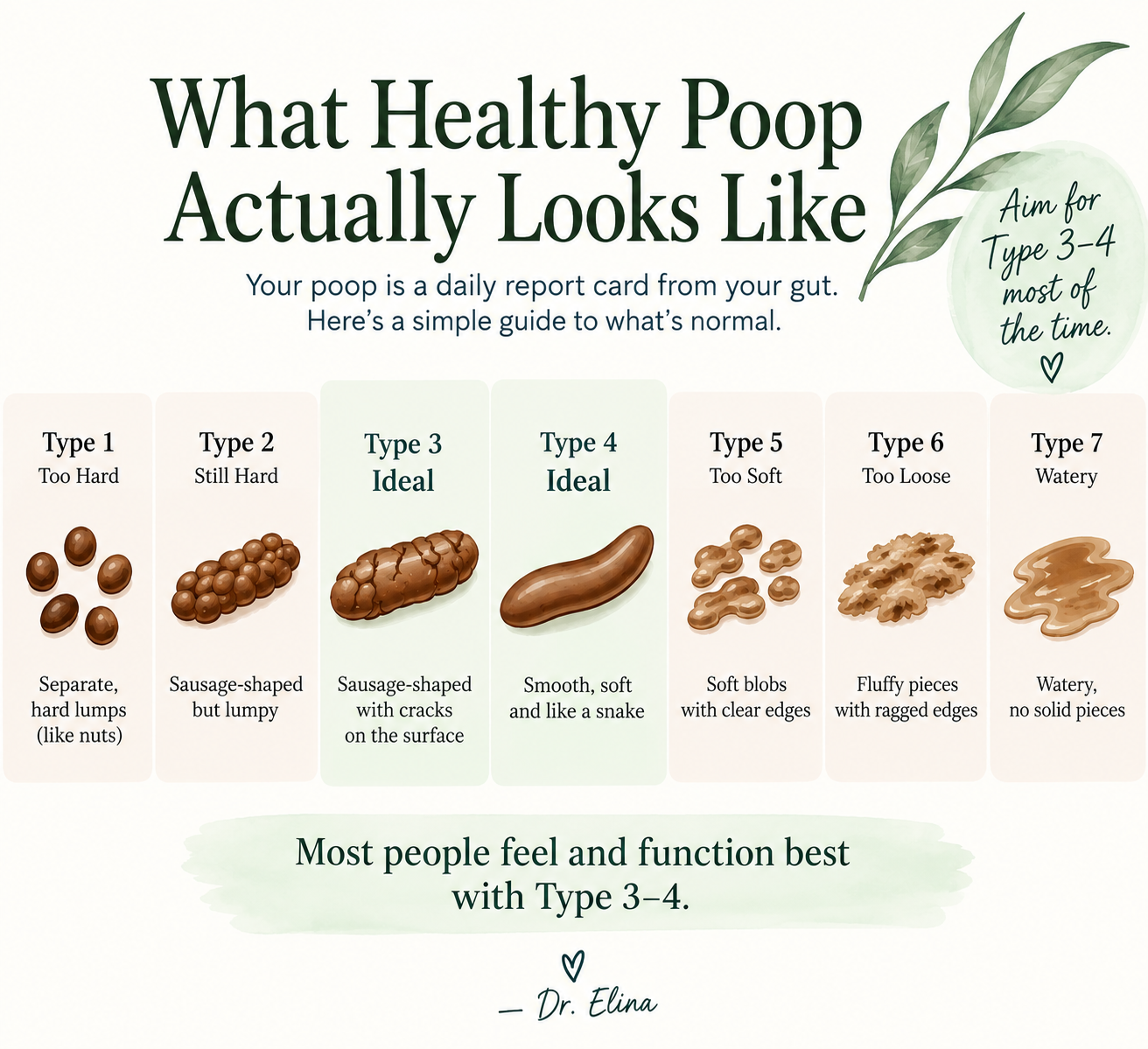 Bristol stool chart illustrating stool types 1 through 7, with types 3 and 4 highlighted as ideal for healthy bowel movements.