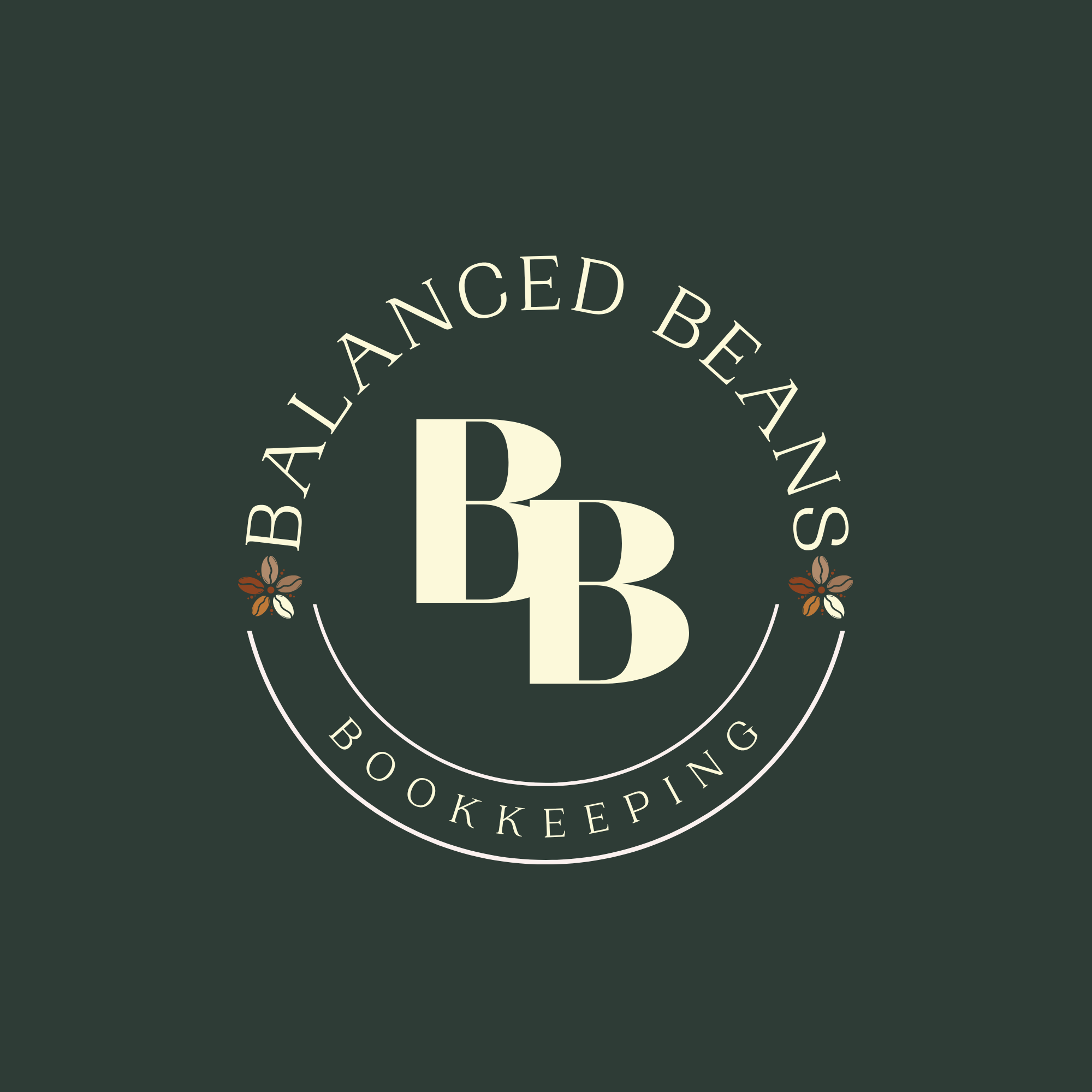 A circular logo with the words 'BEAUTY AND BEANS' and 'BOOKKEEPING' surrounding a large letter 'B' in the center, decorated with coffee beans and floral elements on a dark green background.