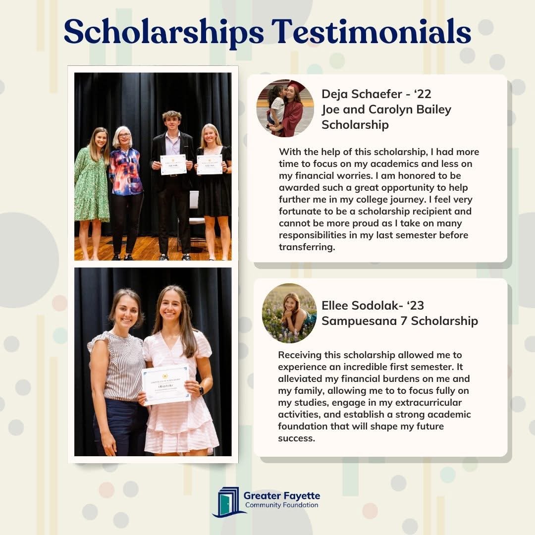 Two sets of scholarship testimonials with photos of scholarship recipients. The first photo shows four people on stage, two holding certificates, with a black curtain background. The second photo features two women, one holding a certificate, standing in front of a black curtain. The poster includes testimonials from Deja Schaefer and Ellee Sodolak about their scholarship experiences, with the Greater Fayette Community Foundation logo at the bottom.