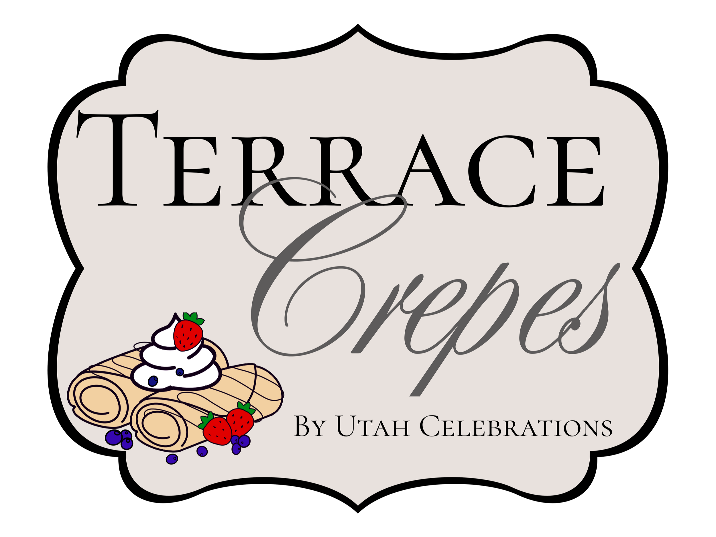 Cover design for 'Terrace & Toppers' by Utah Celebrations featuring an illustration of a layered cake with strawberries, blueberries, and whipped cream toppings.