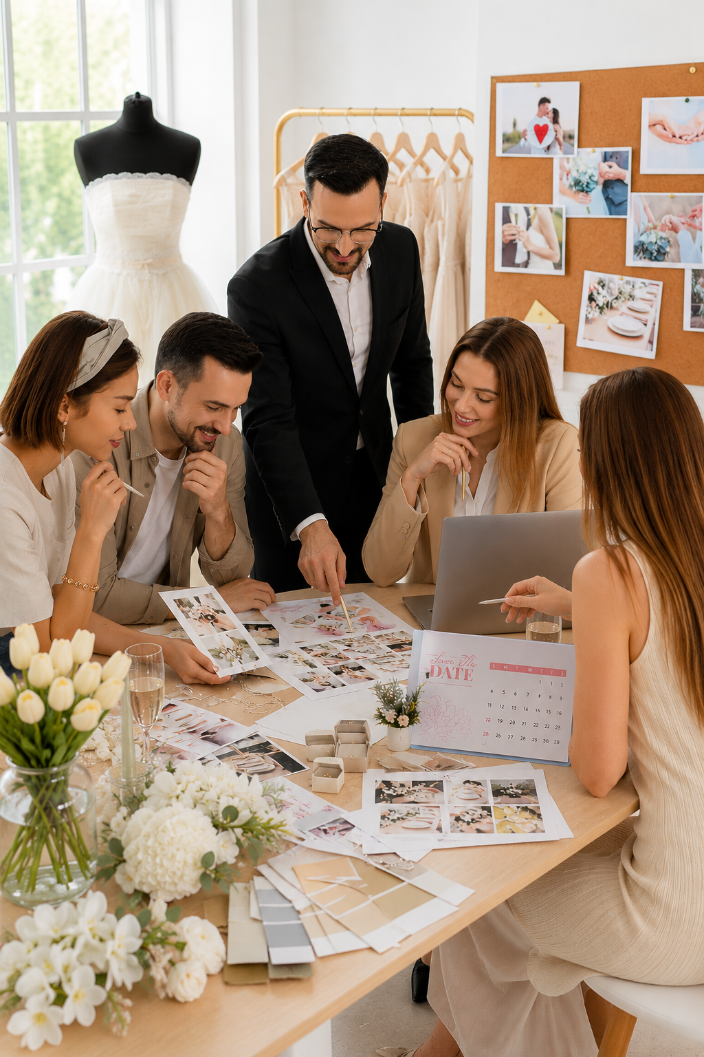 Design team collaborating on wedding theme and decor in a bright studio, with A-line wedding dress on mannequin and inspiration photos on bulletin board.