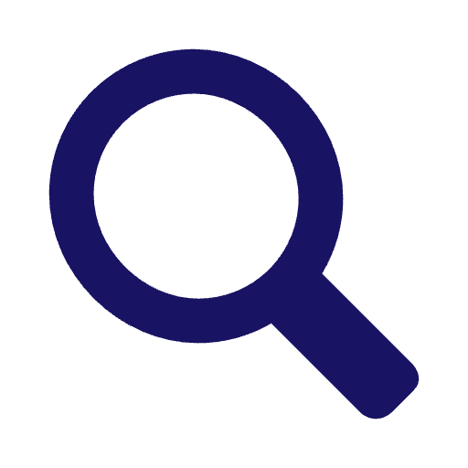 Dark blue icon of a magnifying glass