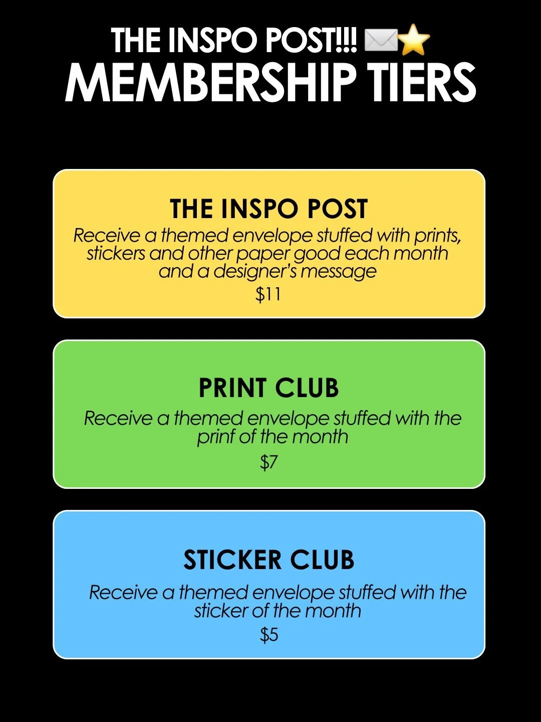 NEW TIERS AVAILABLE for the INSPO POST! Just wanna receive a print? Only want a sticker? Now you can get just that! One time purchases available, too!More info at link in bio. Want in?