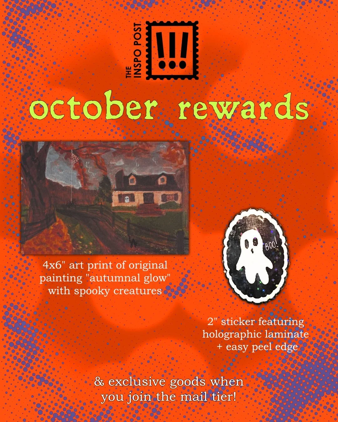 October mail has shipped! But, there is still time to catch up on this month's rewards at the link in my bio!

This month, receive a 4x6" art print of an original painting I did, featuring some spooky creatures, just in time for Halloween! Also,