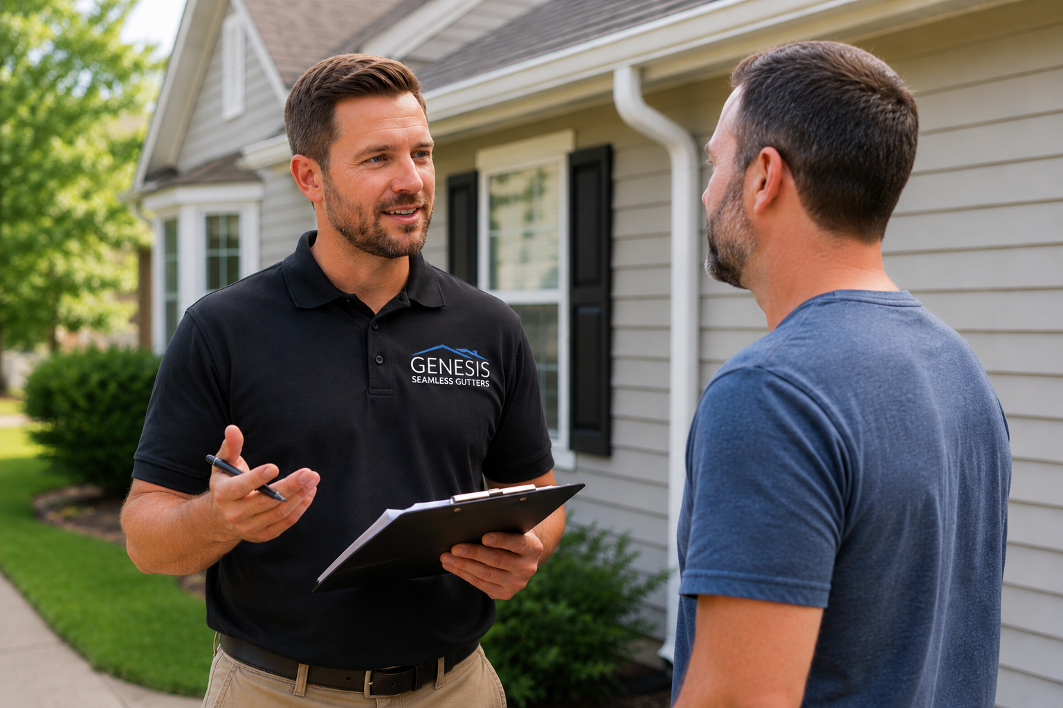 Two men talking outside a house, one is wearing a black polo shirt with 'Genesis Seamless Gutters' logo, holding a clipboard and pen, the other man is in a blue t-shirt, engaging in conversation.