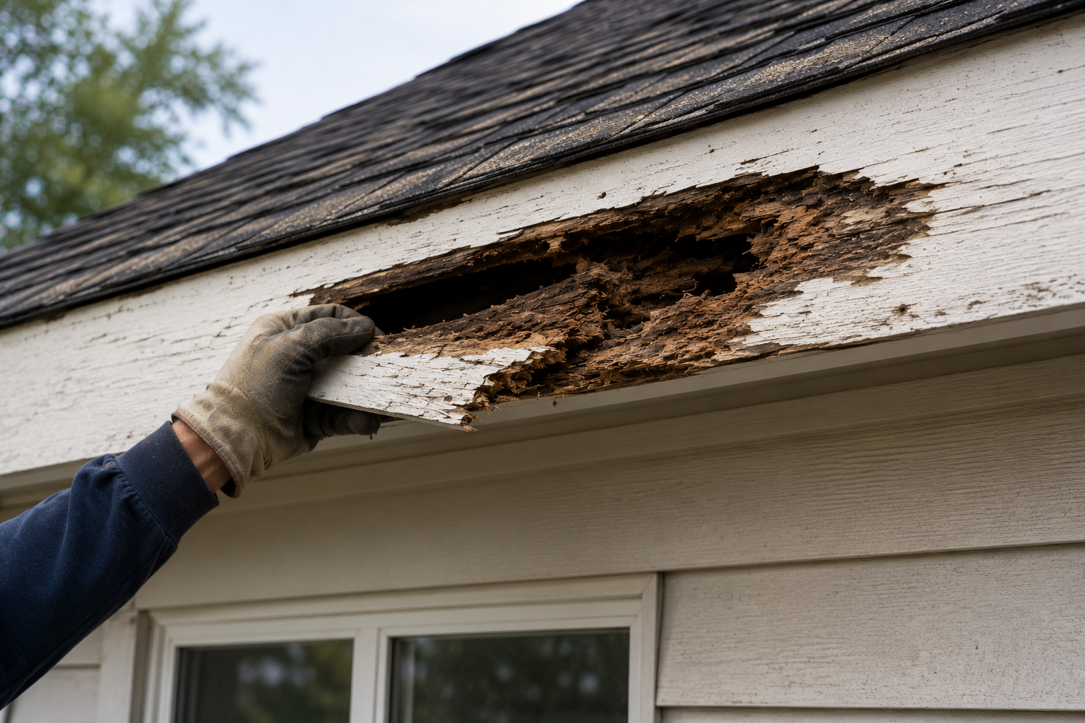A person repairing a damaged section of a house's exterior trim near the roof, which has peeling paint and rotting wood.