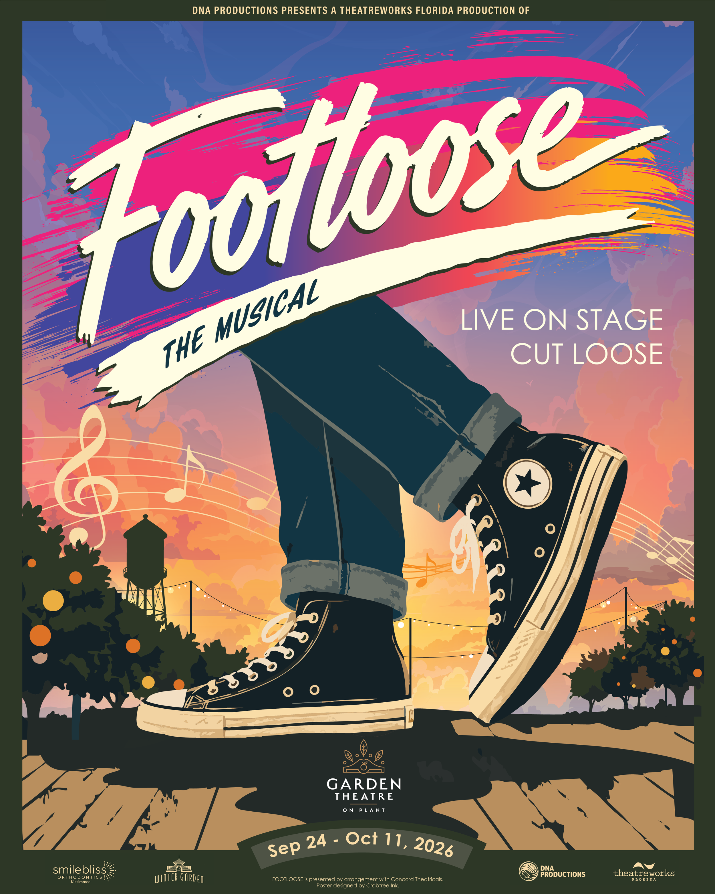 Poster for the musical 'Footloose' featuring a large sneaker with the stage name across the top, set against a sunset sky with trees and musical notes, promoting the show at Garden Theatre from September 24 to October 11, 2026.