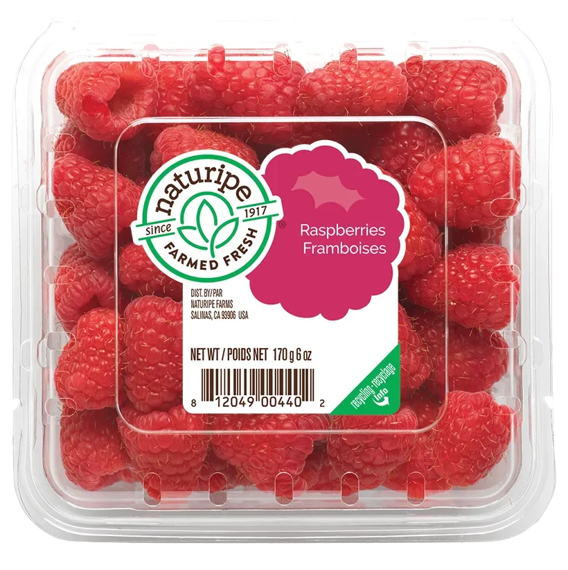 Package of naturipe farm fresh raspberries in a clear plastic container.