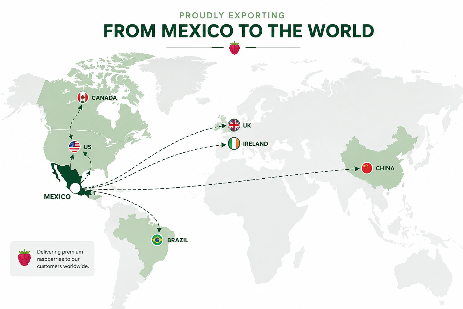 World map showing the export routes of raspberries from Mexico to Canada, US, Brazil, UK, Ireland, and China, with a label indicating delivery of premium raspberries worldwide.