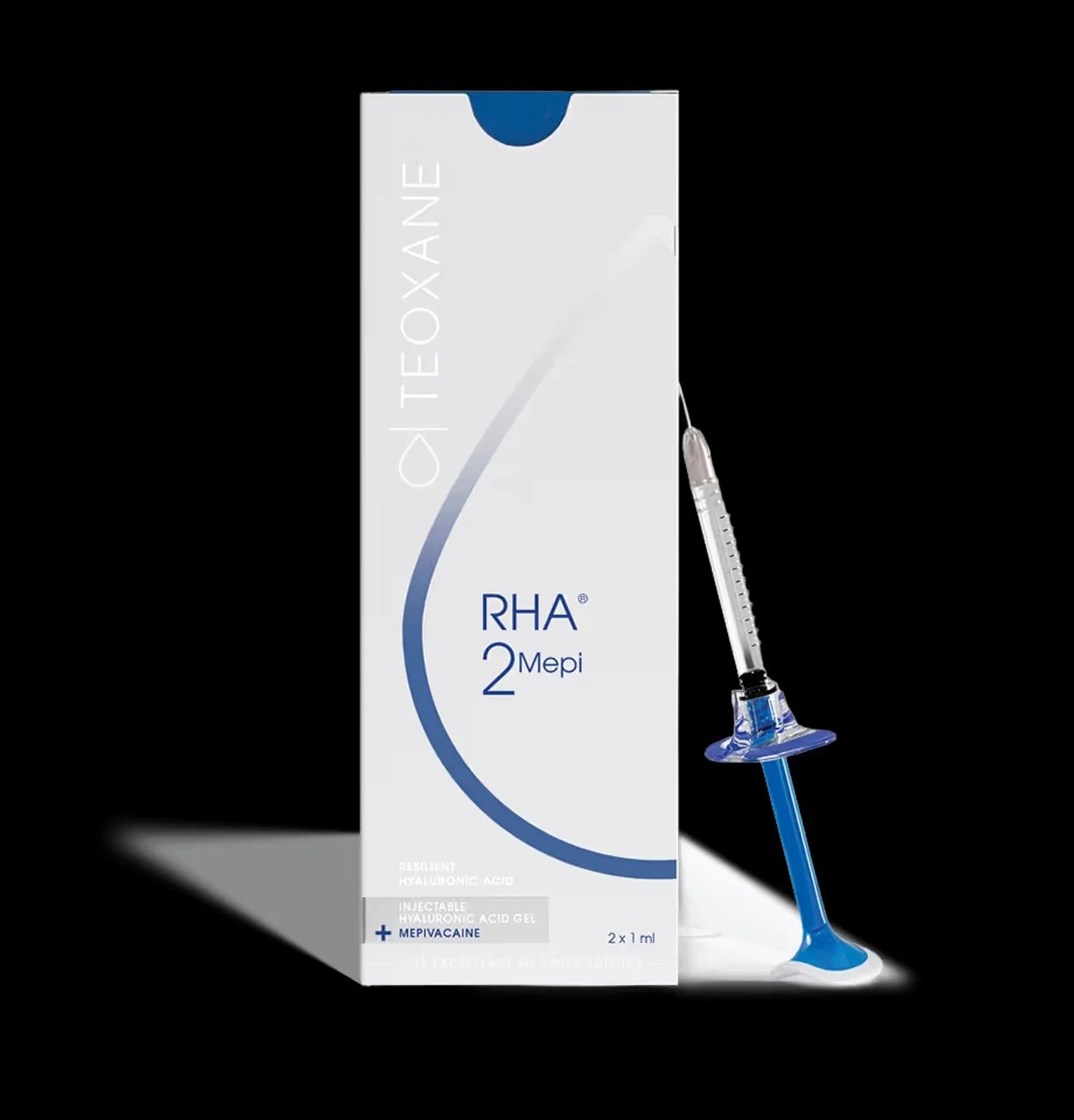 Box of Teoxane RHA 2 Mepi injectable hyaluronic acid gel with a syringe placed next to it, against a black background.