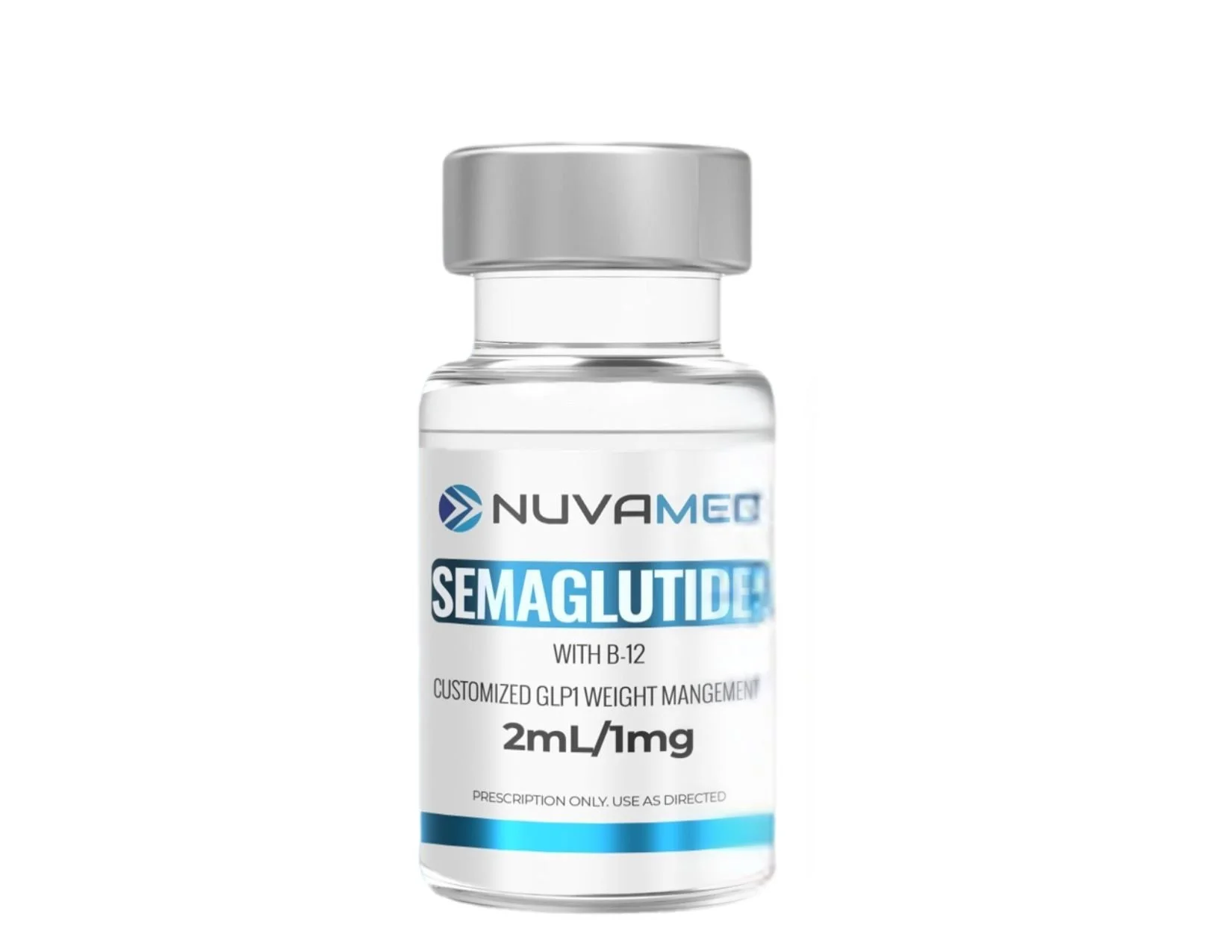 A medical bottle labeled NuvaMe semi-glutide with B-12, showing 2 ml and 1 mg dosage, used for weight management, with a silver cap and white background.