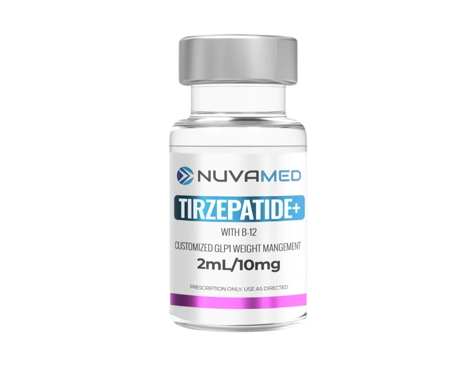 A bottle of NuvaMed Tirzepatide medication with a label indicating 2 milliliters and 10 milligrams, designed for weight management, prescription only, with a purple and white label with dosage information.
