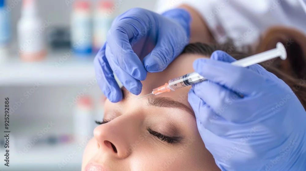 A person receiving a Botox or cosmetic injection in the forehead from a medical professional wearing blue gloves.