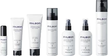 A collection of Milbon hair care products, including various bottles and tubes with black and white packaging.