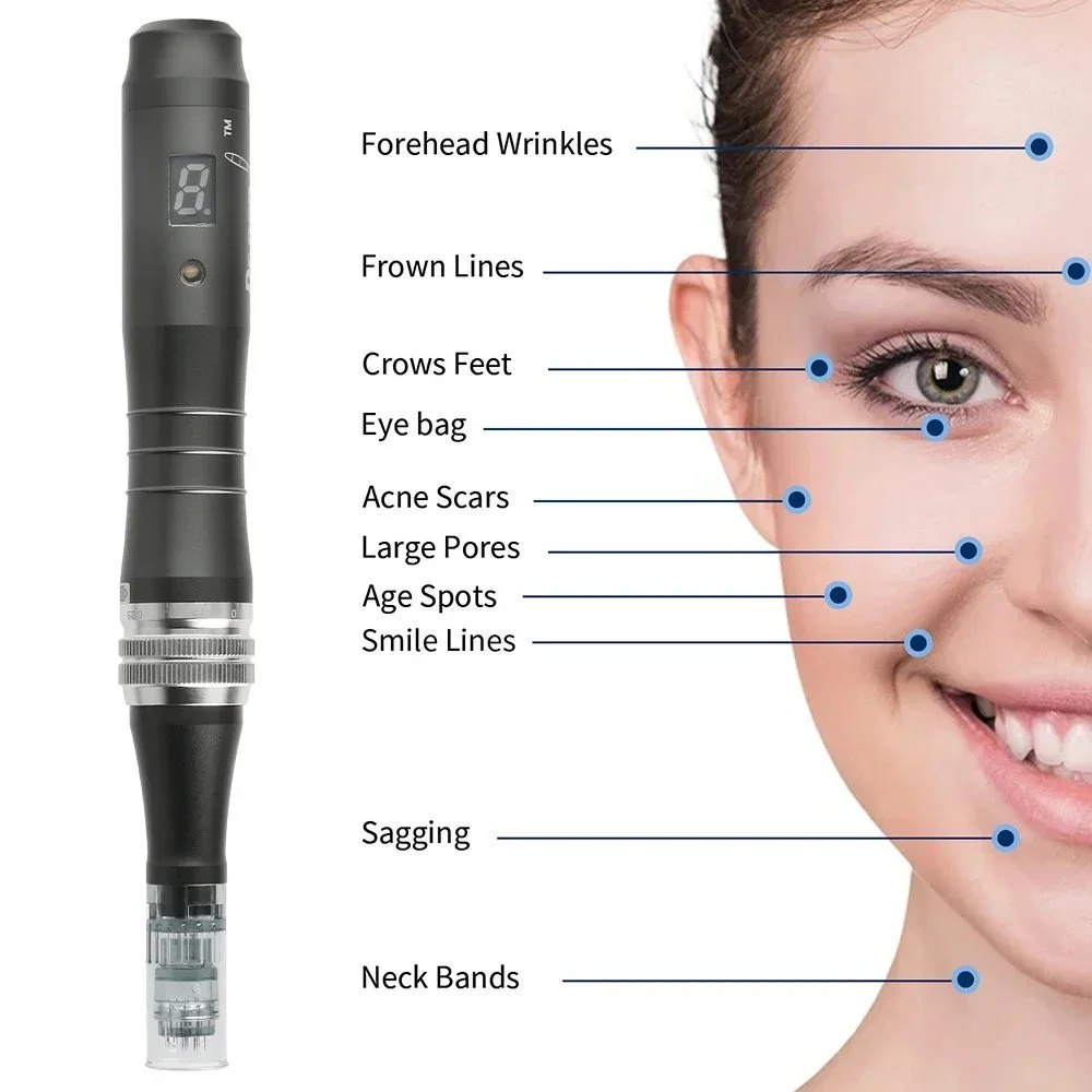 An illustration of a skin analysis device showing various facial skin concerns such as forehead wrinkles, frown lines, crows feet, eye bag, acne scars, large pores, age spots, smile lines, sagging, and neck bands.
