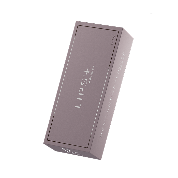 A rectangular box of Rejuven+ LIPS+ with a grayish-purple color, featuring the product name and size on the top.