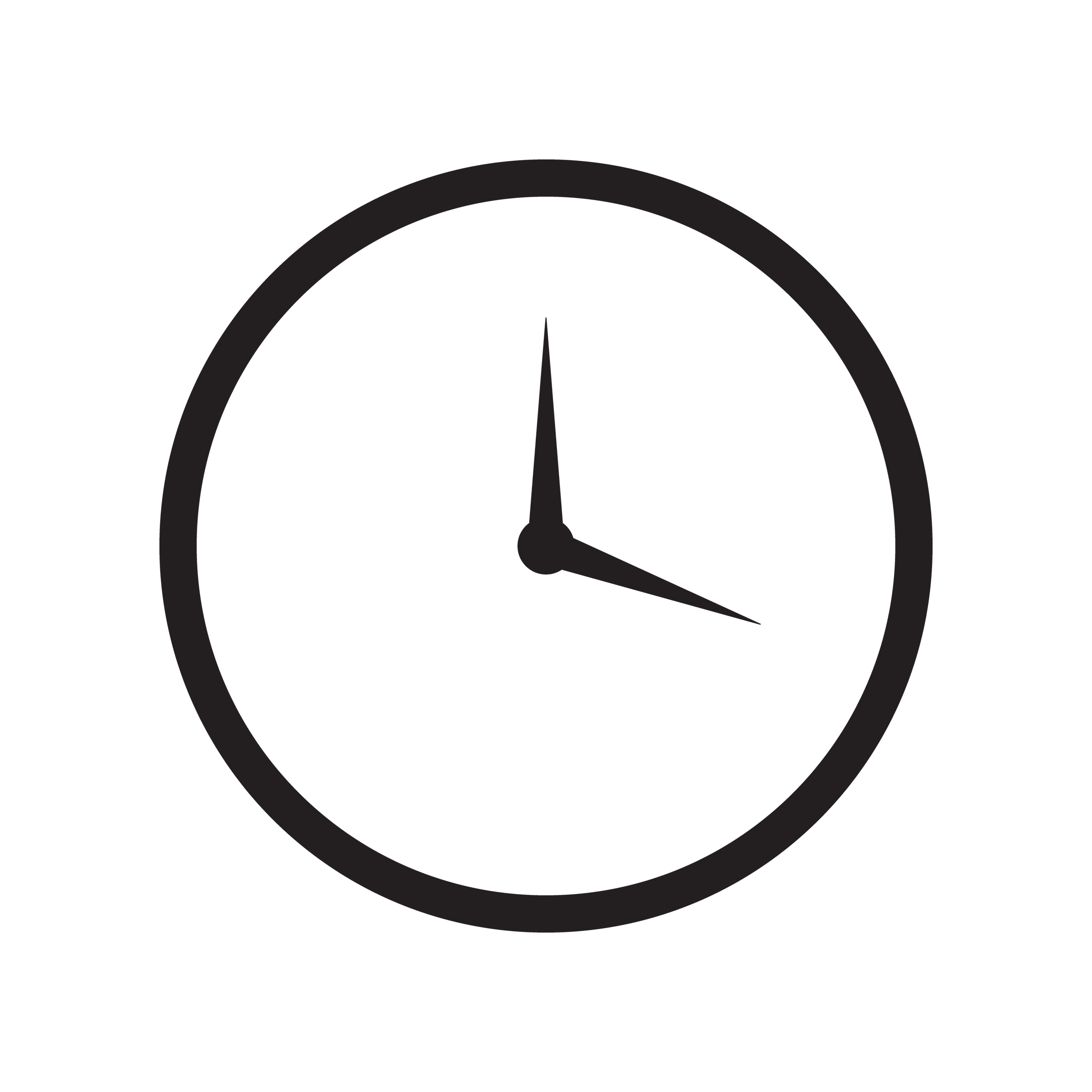 A black and white drawing of a clock face with simple, minimalistic design, showing the time as approximately 4:24.