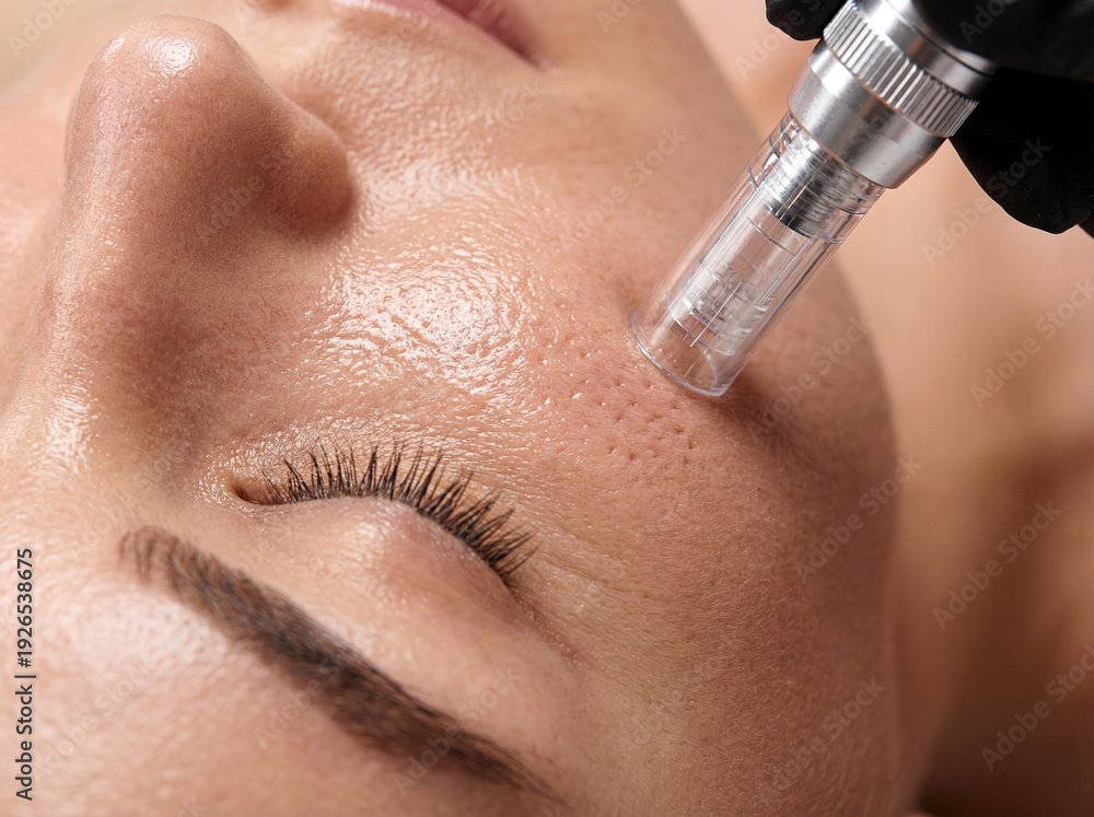 A woman receiving a cosmetic facial treatment with a small glass vial attached to a device, focusing on her forehead and nose.