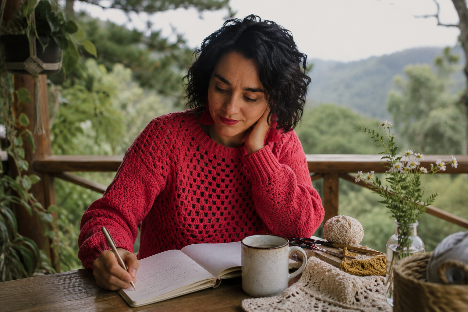 Una mujer con cabello rizado negro, usando un suéter rojo, escribe en un cuaderno en una mesa de madera en un balcón con vista a la naturaleza, rodeada de plantas y objetos para costura y un florero con flores blancas.