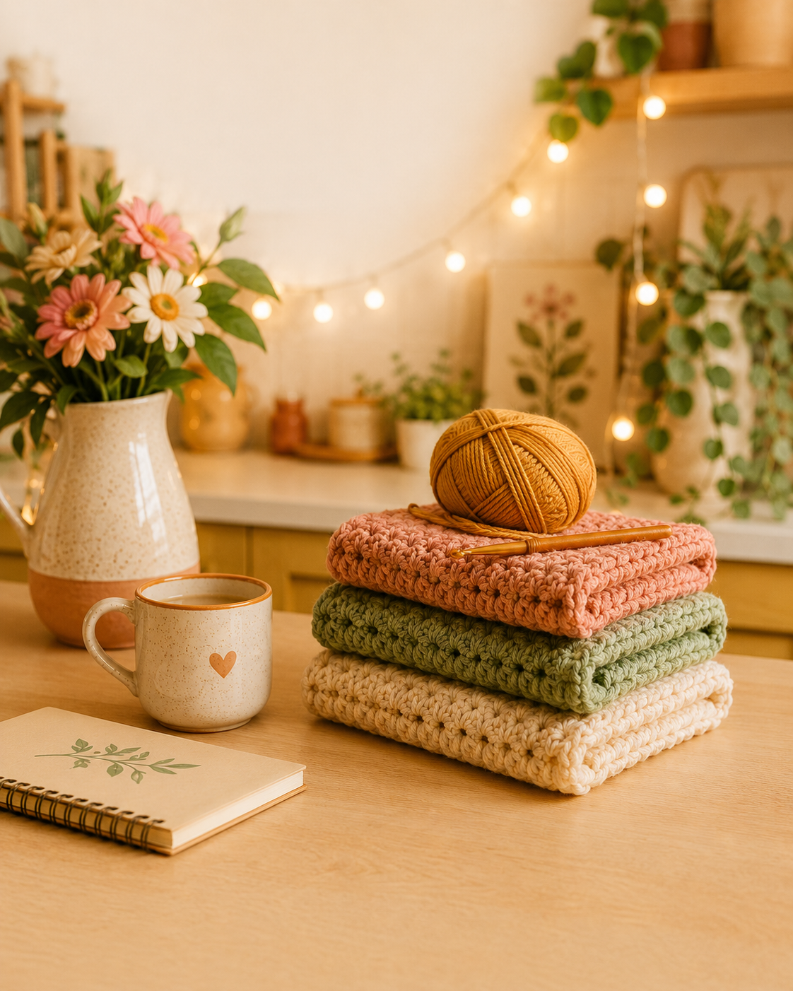 Vaso con flores, taza, cuaderno, ovillo de hilo y acolchados de colores en un ambiente cálido y decorado con luces