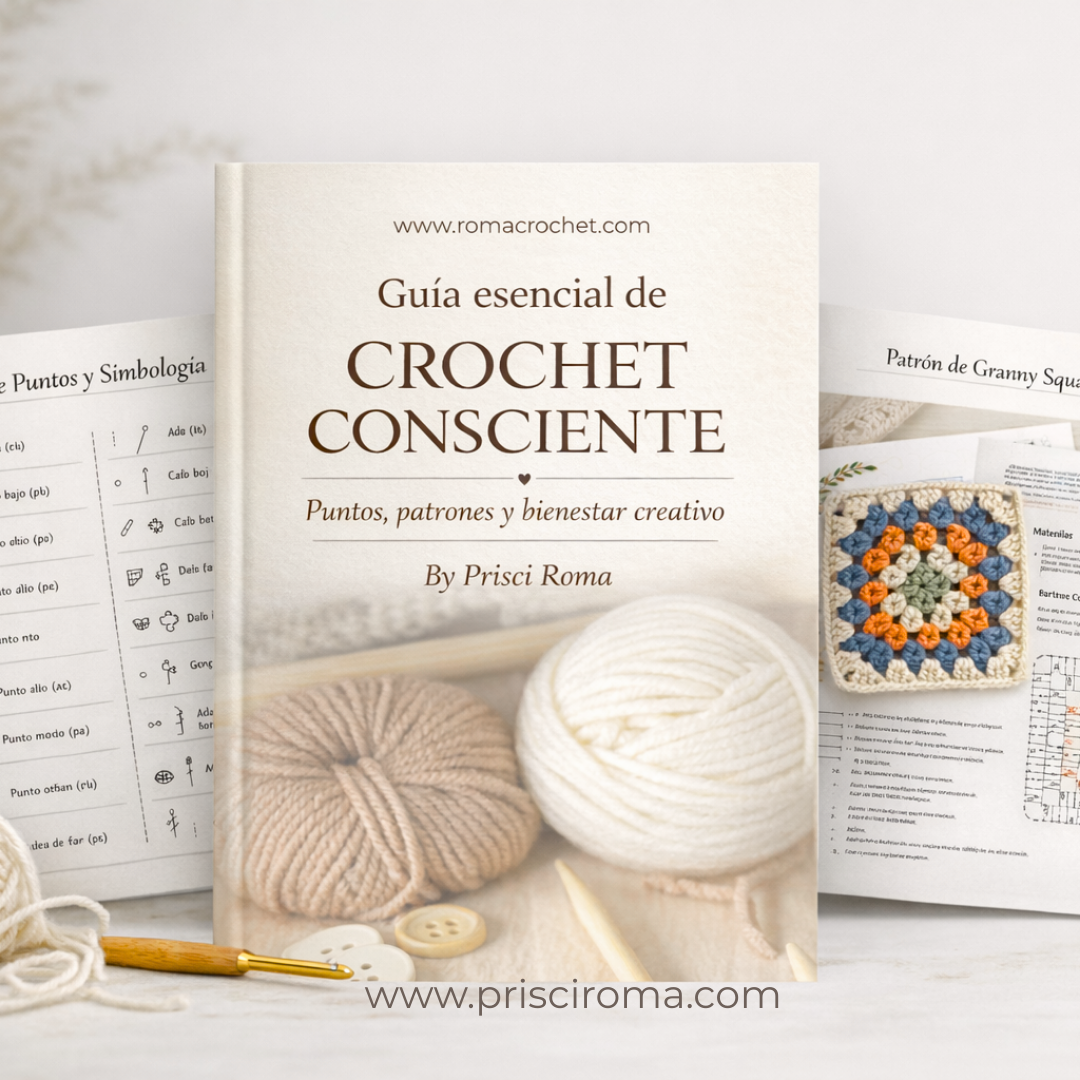 Libro titulado "Guía esencial de crochet consciente" con ovillos de lana, agujas, botones y patrones de crochet en el fondo.