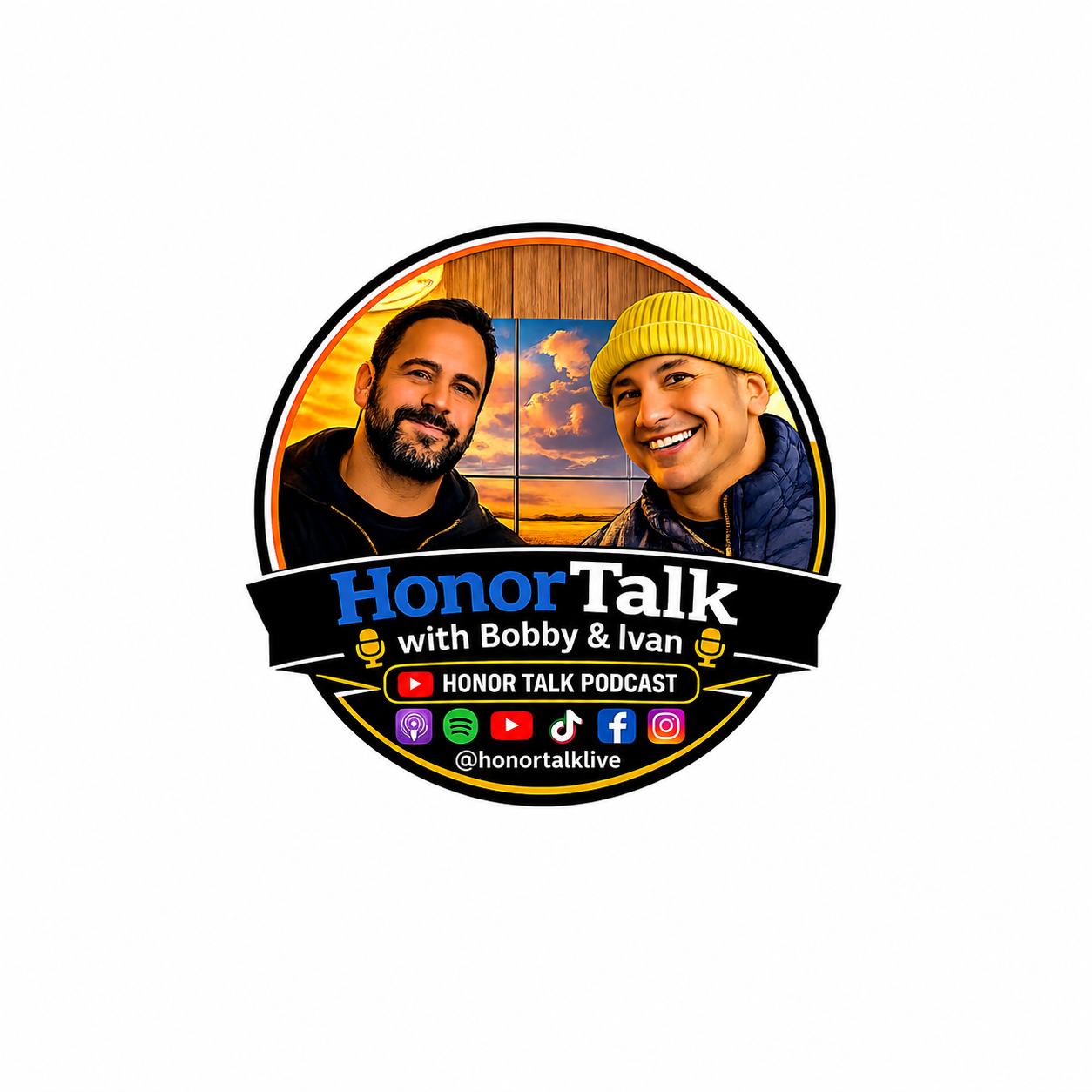 Logo for Honor Talk podcast featuring Bobby and Ivan, with photos of two men smiling, a sunset background, and social media icons including YouTube, Spotify, TikTok, Facebook, and Instagram.