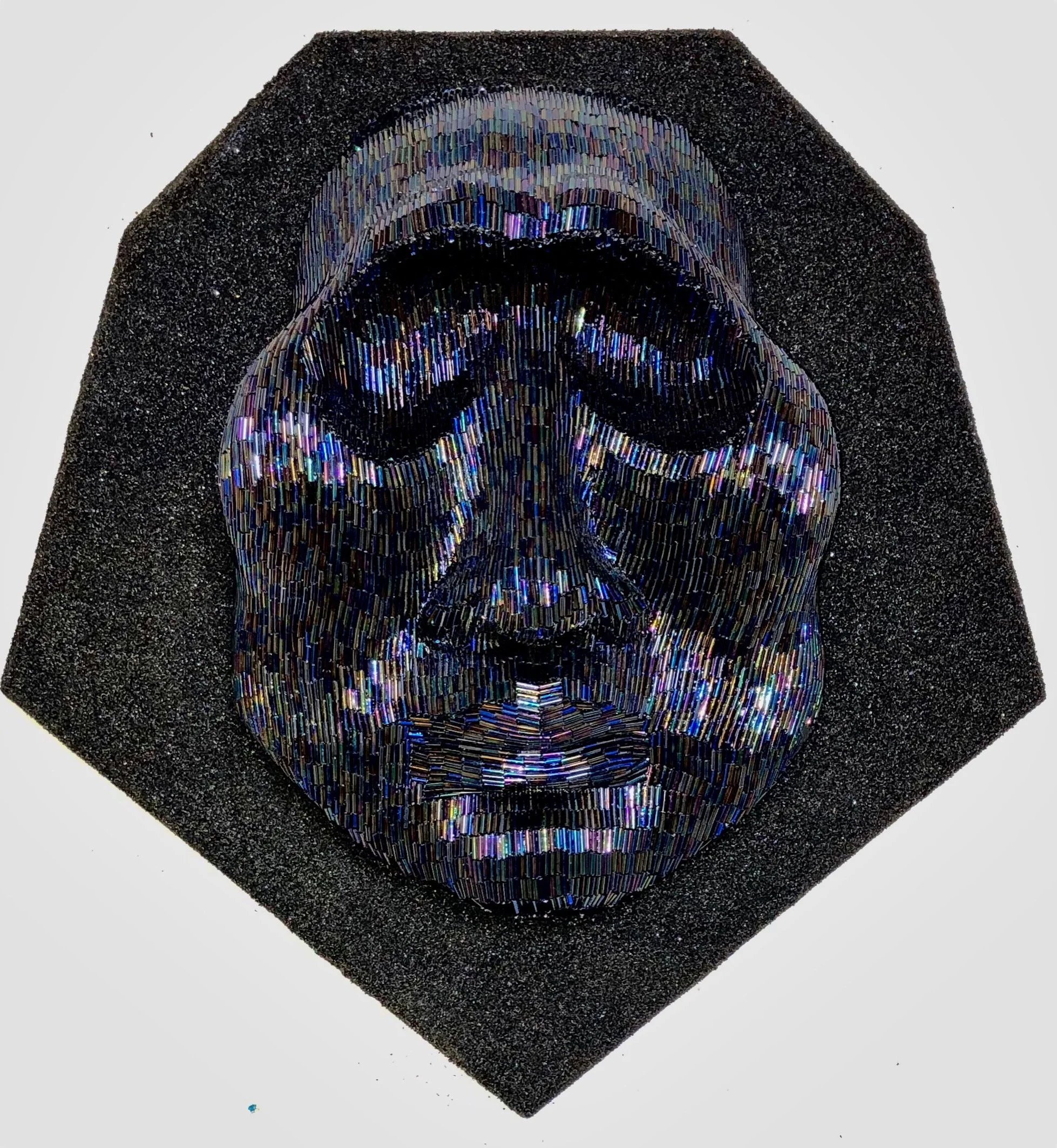 Multimedia sculpture & plaque, finished 2019
Cardboard, epoxy, beads, wood, sand