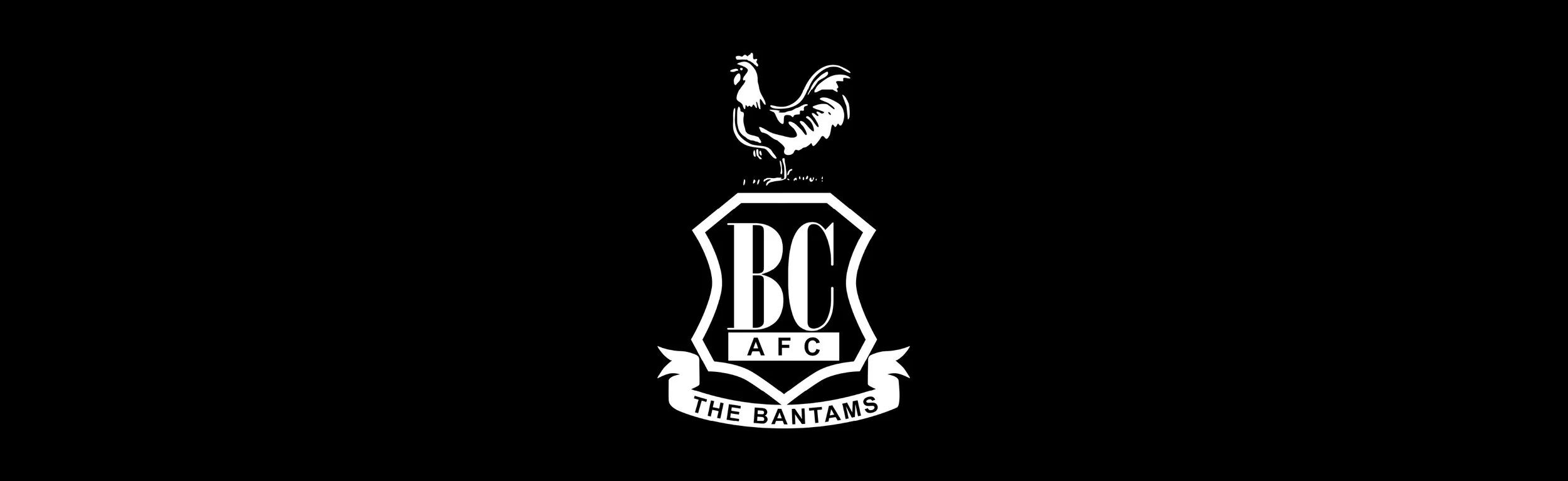 Black background featuring a white emblem with a rooster at the top, a shield with the initials 'BC' and 'AFC', and a banner reading 'The Bantams' at the bottom.