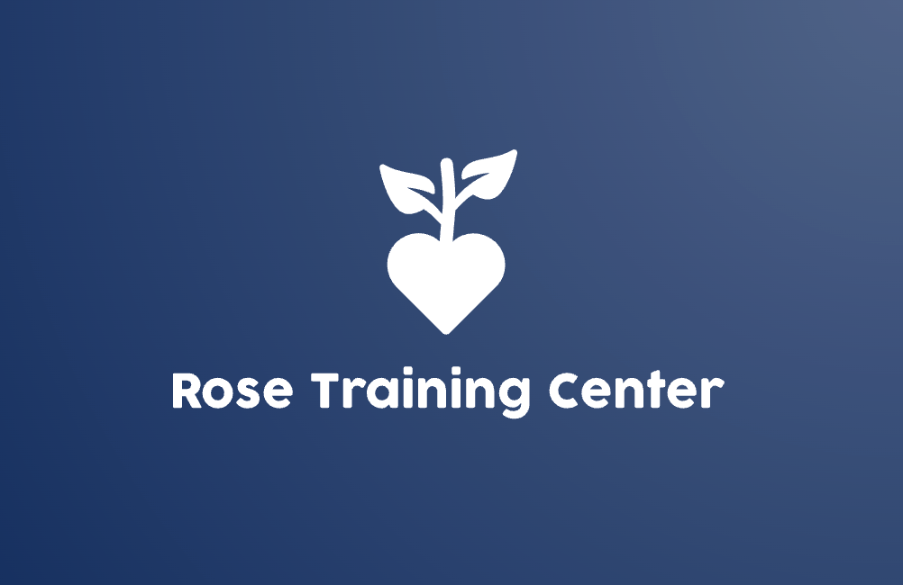 Logo of Rose Training Center with a heart-shaped root and leaves on a blue background.