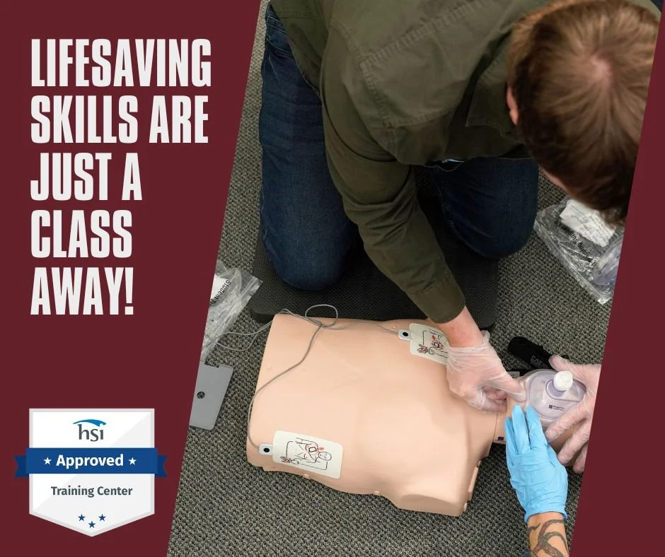 A person practicing CPR on a training dummy with another person instructing, accompanied by text saying 'Lifesaving Skills Are Just a Class Away!' and a badge that says 'Approved Training Center'.