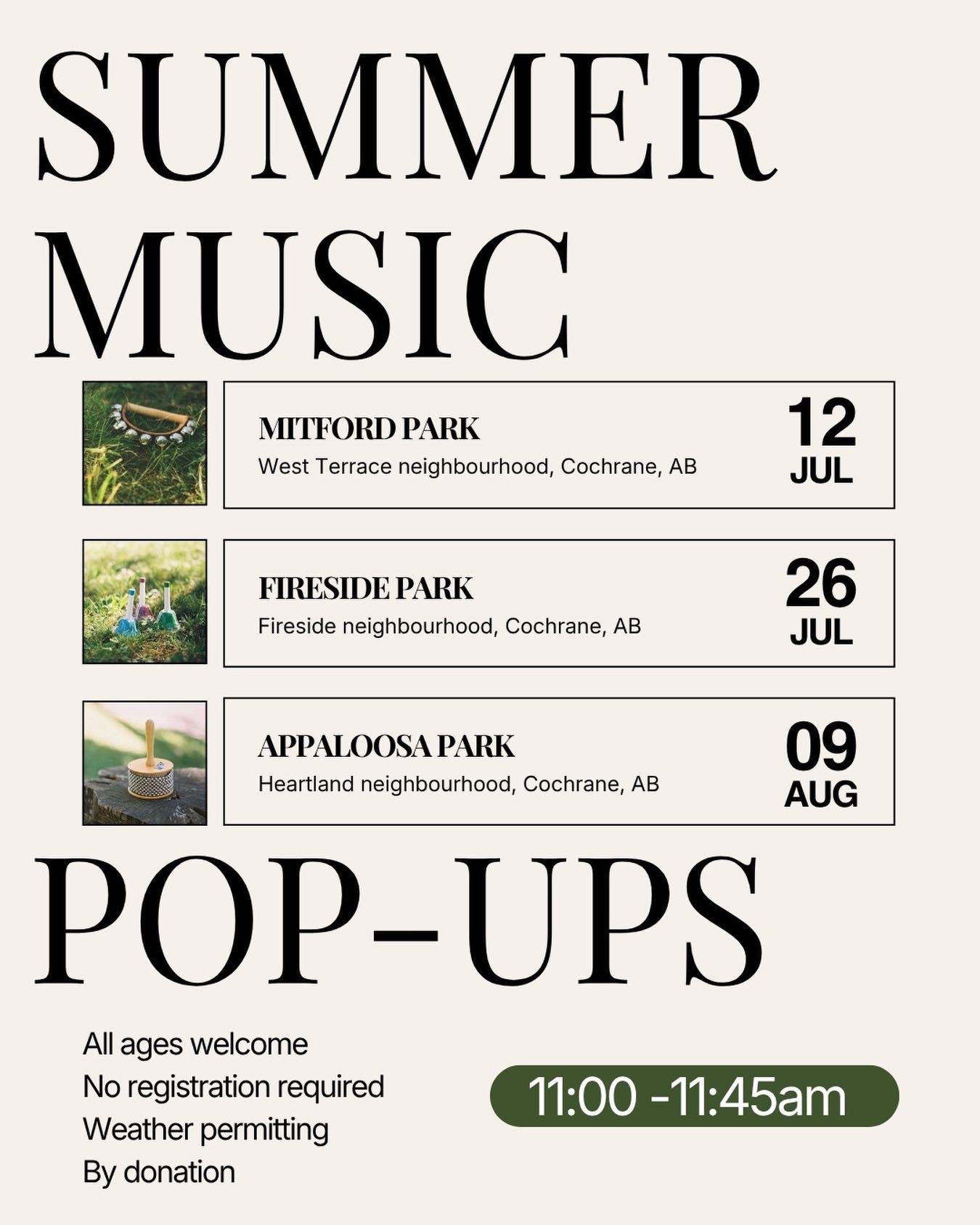 ☀️ Summer Pop-Up Music in the Park! 🎶

Join us this July &amp; August for family music-making in 3 beautiful parks around Cochrane.

Bring a blanket, snacks, sunscreen, and come ready to sing, play, move, and make music together. All ages welcome.


