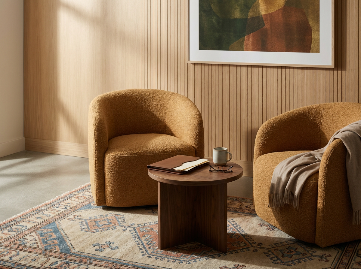 Cozy living room with two tan armchairs, a small wooden coffee table with a mug, notebook, and glasses, a patterned area rug, wood-paneled wall with artwork, and beige carpeted floor.