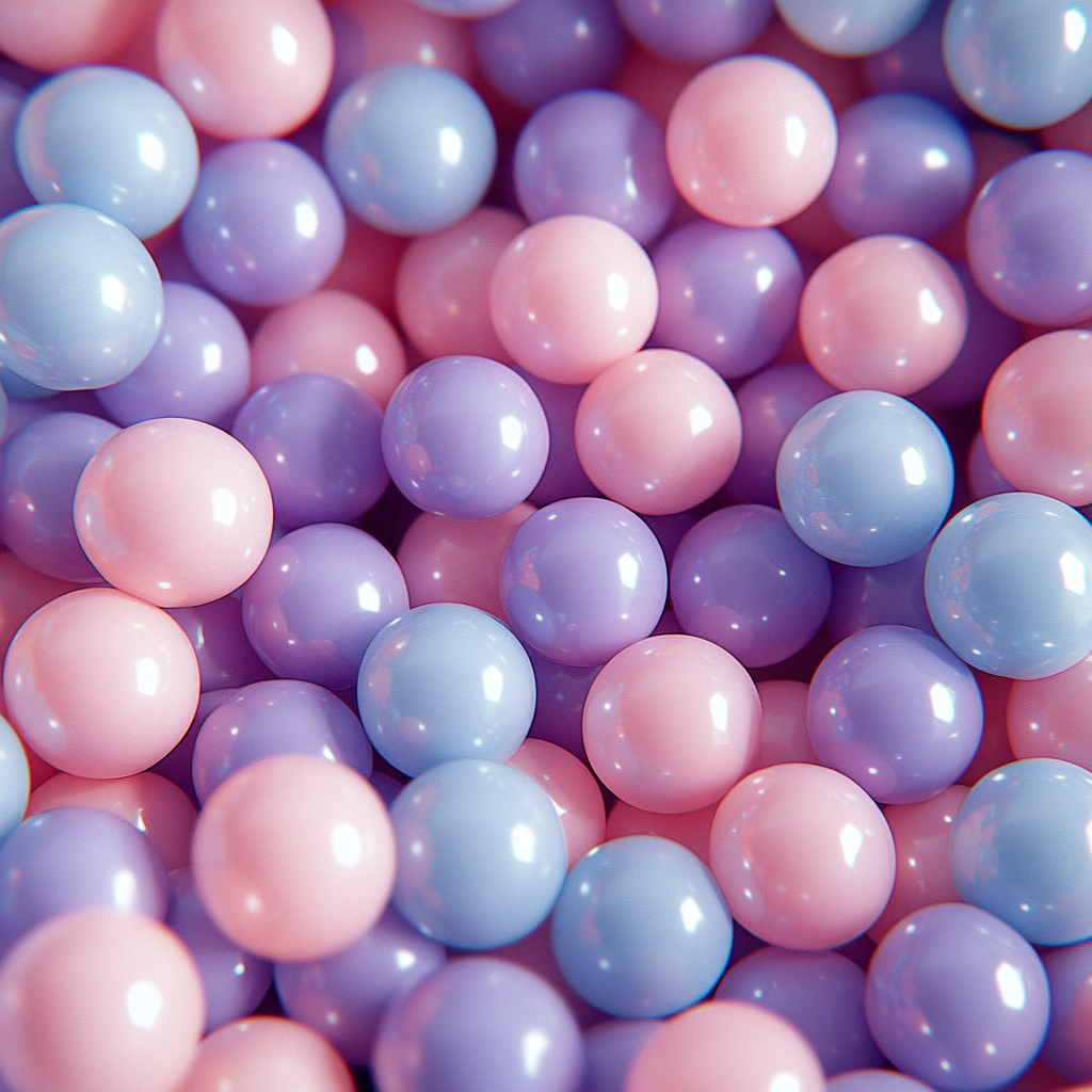 Close-up of pastel pink, blue, and purple plastic balls in a ball pit.