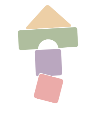 Illustration of colorful geometric shapes stacked vertically, including a beige triangle, green rectangle, purple square with a semi-circle cutout, and pink square forming a T shape.