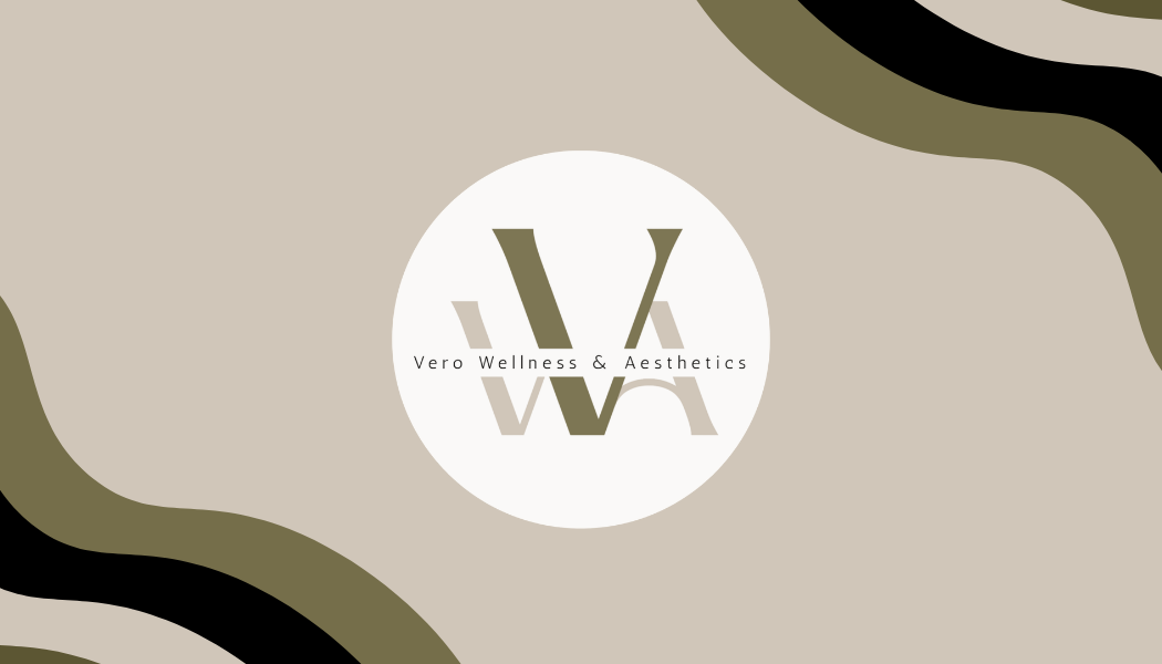 Logo for Vero Wellness & Aesthetics with stylized initials V and W in a white circle on a beige background with abstract black and olive green shapes.