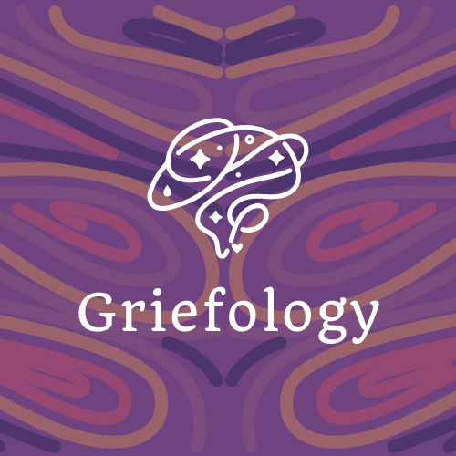 A stylized illustration of a brain with stars and planets inside, above the word "Griefology," on a purple and pink background with swirling patterns.